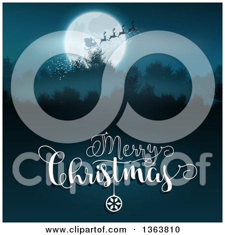 Clipart of a Merry Christmas Greeting Under a Silhouetted Santa Flying His Magic Sleigh over a Full Moon and Mountains - Royalty Free Vector Illustration by KJ Pargeter