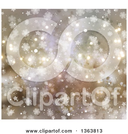 Clipart of a Background of Snowflakes and Bokeh Flares over Gold - Royalty Free Illustration by KJ Pargeter