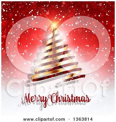 Clipart of a Merry Christmas Greeting Under a Gold Ribbon Tree on Red Snowflakes and Flares - Royalty Free Vector Illustration by KJ Pargeter