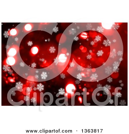 Clipart of a Background of Snowflakes and Bokeh Flares over Red - Royalty Free Illustration by KJ Pargeter