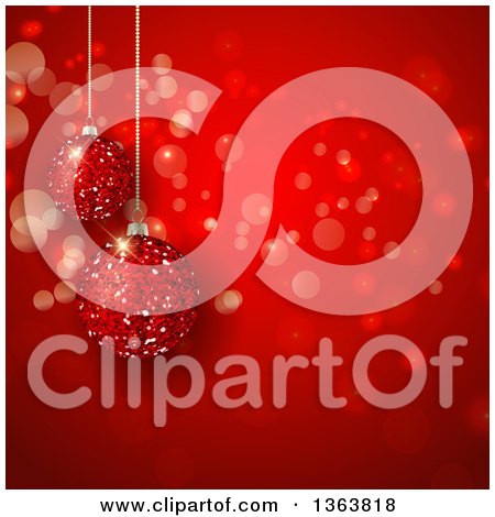 Clipart of a Christmas Background of 3d Suspended Glitter Baubles over Red with Bokeh Flares - Royalty Free Vector Illustration by KJ Pargeter