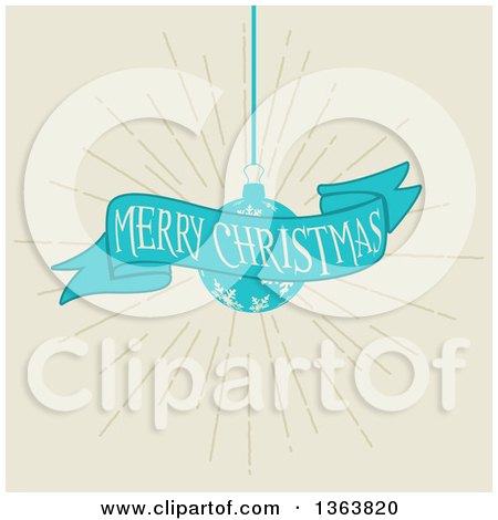 Clipart of a Retro Merry Christmas Greeting on a Blue Ribbon Banner with a Snowflake Bauble over Beige - Royalty Free Vector Illustration by KJ Pargeter
