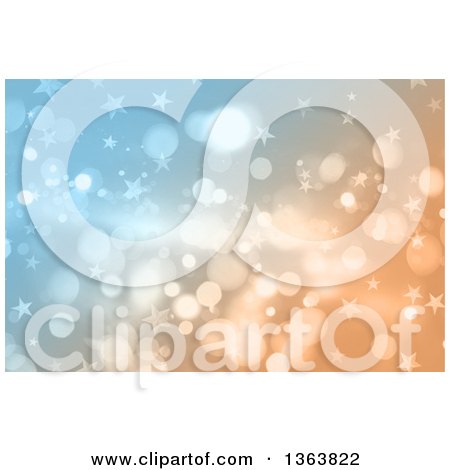 Clipart of a Christmas Background of Bokeh Flares and Stars on Gradient Blue and Orange - Royalty Free Illustration by KJ Pargeter