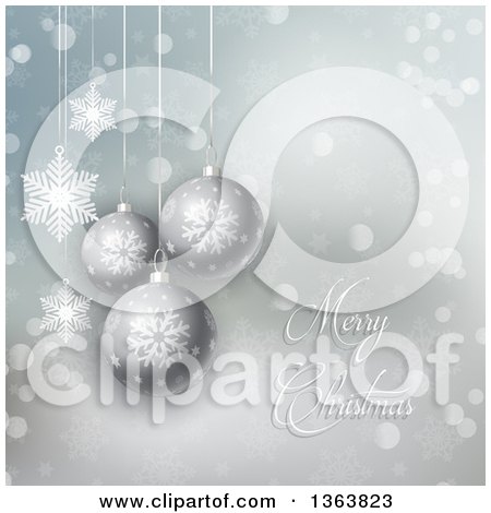 Clipart of a Merry Christmas Greeting with 3d Suspended Snowflake Baubles, Snowflakes and Flares - Royalty Free Vector Illustration by KJ Pargeter