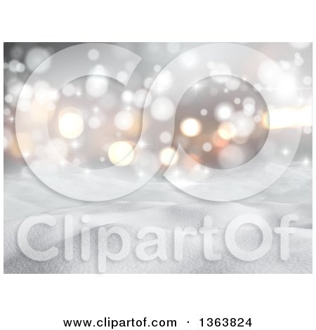 Clipart of a 3d Winter Landscape of 3d Snowy Hills and Bokeh Flares - Royalty Free Illustration by KJ Pargeter