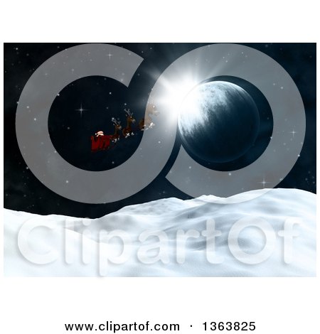 Clipart of a 3d Santa Flying His Magic Sleigh over a Planet and Snowy Hills - Royalty Free Illustration by KJ Pargeter