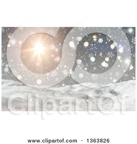 Clipart of a 3d Winter Landscape of Snowy Hills, Sunshine, Snowflakes, Stars and Flares - Royalty Free Illustration by KJ Pargeter