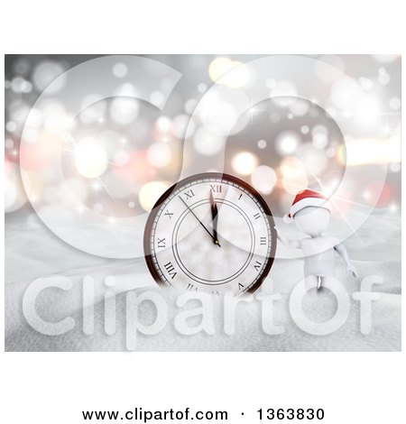 Clipart of a 3d White Man Wearing a Santa Hat by a New Year Clock in the Snow - Royalty Free Illustration by KJ Pargeter