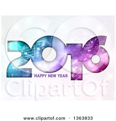 Clipart of a Happy New Year 2016 Greeting with Gradient Colors and Music Notes over Flares - Royalty Free Vector Illustration by KJ Pargeter