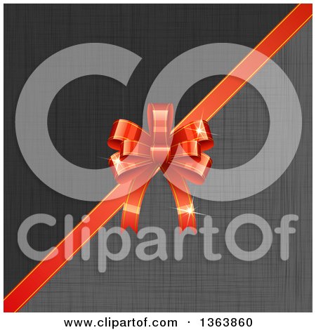 Clipart of a 3d Shiny Red Gift Bow over Gray and Black Linen - Royalty Free Vector Illustration by vectorace