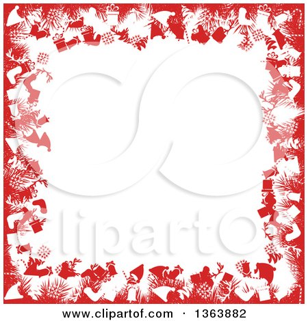 Clipart of a Christmas Background of Red Fir Branches and Festive Items Framing White Text Space - Royalty Free Vector Illustration by vectorace