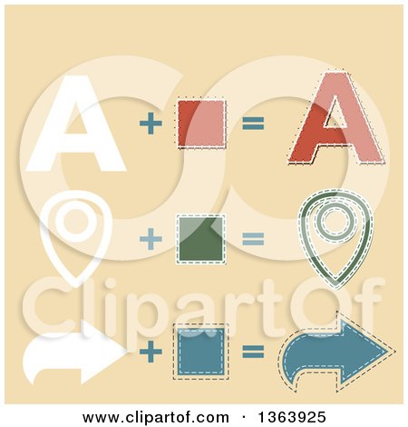 Clipart of Flat and Stitched Letter A, Pin and Arrow Design Elements on Black - Royalty Free Vector Illustration by vectorace