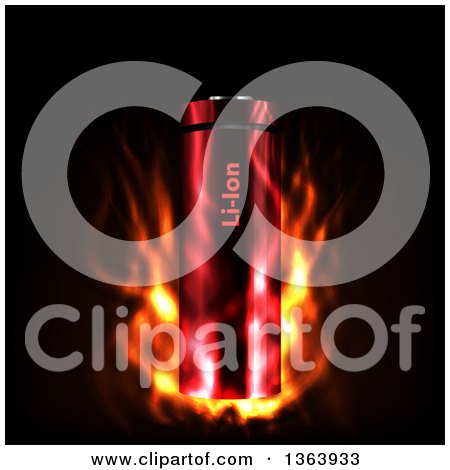 Clipart of a 3d Lithium Icon Battery in Fire, on Black - Royalty Free Vector Illustration by vectorace