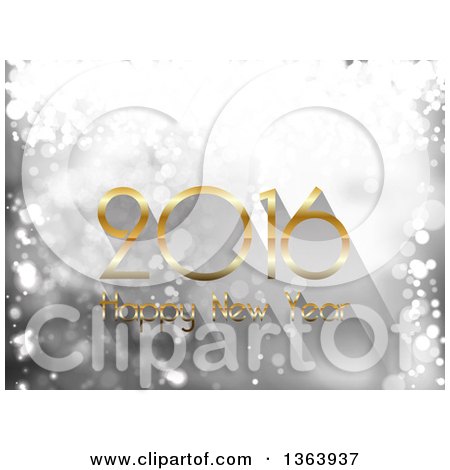 Clipart of a 3d Shiny Gold 2016 Happy New Year Greeting over Silver Sparkles - Royalty Free Vector Illustration by vectorace