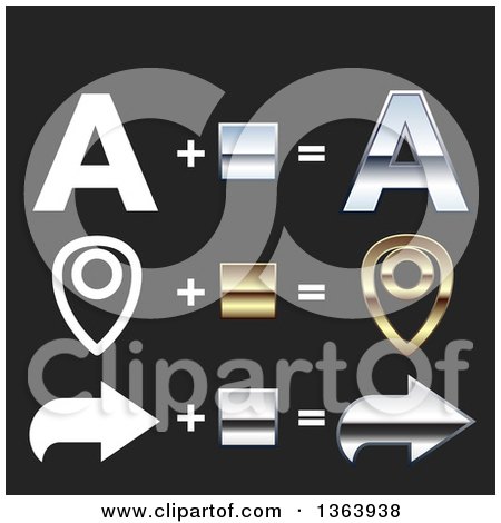 Clipart of Flat and 3d Chrome and Gold Letter A, Pin and Arrow Design Elements on Black - Royalty Free Vector Illustration by vectorace