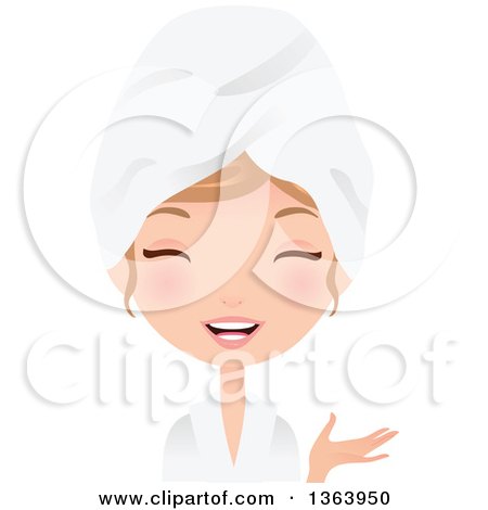 Clipart of a Dirty Blond Caucasian Woman Wearing a Robe and Towel on Her Head and Presenting - Royalty Free Vector Illustration by Melisende Vector