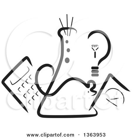 Clipart of a Black and White Science Beaker, Mouse, Light Bulb, Scale and Calculator - Royalty Free Vector Illustration by Maria Bell