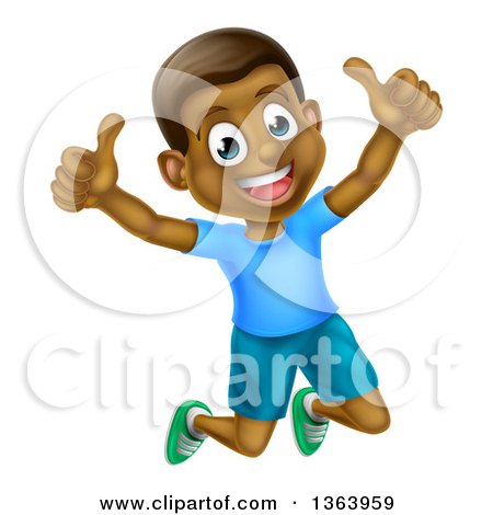 Clipart of a Cartoon Happy Excited Black Boy Jumping and Giving Two Thumbs up - Royalty Free Vector Illustration by AtStockIllustration