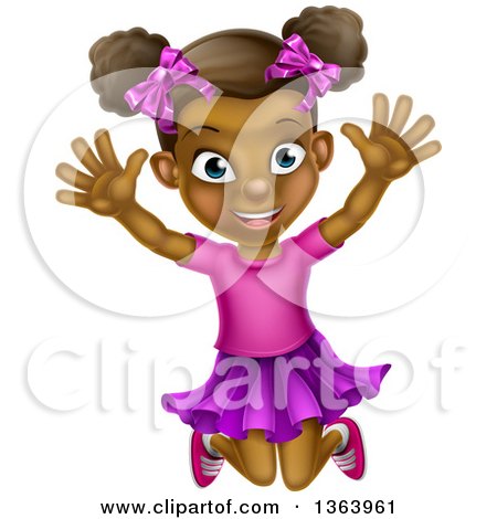Clipart of a Cartoon Happy Excited Black Girl Jumping - Royalty Free Vector Illustration by AtStockIllustration