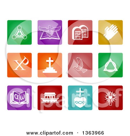 Clipart of White Christian Icons on Colorful Square Tiles - Royalty Free Vector Illustration by AtStockIllustration