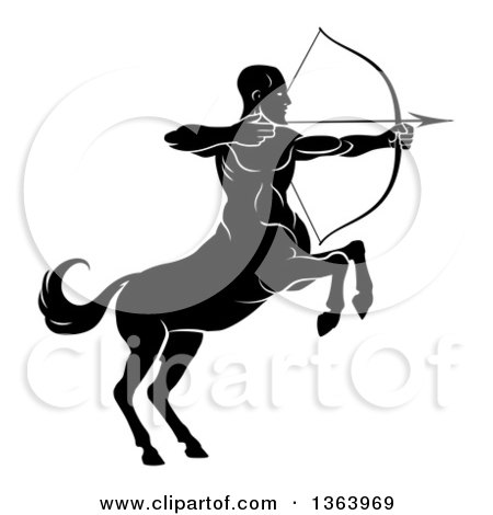 Clipart of a Black and White Centaur Archer, Half Man, Half Horse, Aiming to the Right - Royalty Free Vector Illustration by AtStockIllustration