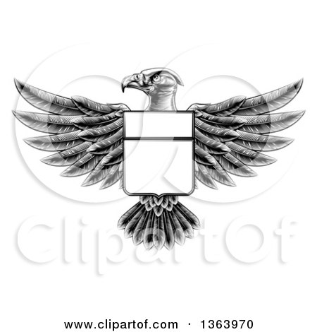 Clipart of a Black and White Engraved or Woodcut Heraldic Coat of Arms American Bald Eagle with a Shield - Royalty Free Vector Illustration by AtStockIllustration