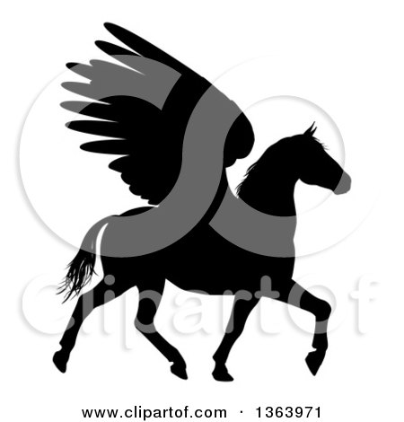 Clipart of a Black Silhouette of a Trotting Winged Pegasus Horse - Royalty Free Vector Illustration by AtStockIllustration
