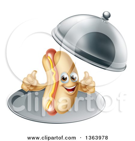 Clipart of a 3d Hot Dog Character Giving Two Thumbs up and Being Served in a Cloche Platter - Royalty Free Vector Illustration by AtStockIllustration