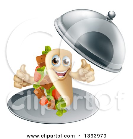 Clipart of a 3d Souvlaki Kebab Sandwich Character Giving Two Thumbs up and Being Served in a Cloche Platter - Royalty Free Vector Illustration by AtStockIllustration