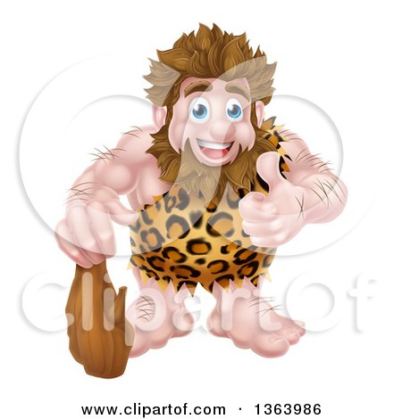 Clipart of a Cartoon Muscular Happy Caveman Standing with a Club and Giving a Thumb up - Royalty Free Vector Illustration by AtStockIllustration
