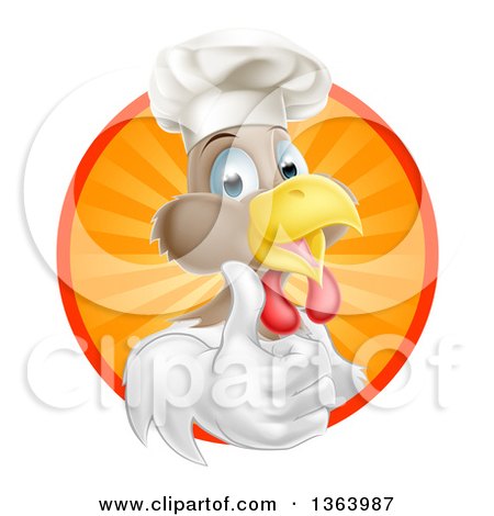 Clipart of a Happy White and Brown Chef Chicken Giving a Thumb up and Emerging from a Circle of Sun Rays 2 - Royalty Free Vector Illustration by AtStockIllustration
