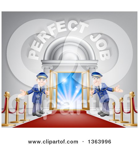 Clipart of Welcoming Door Men at an Entry with a Red Carpet and Posts Under Perfect Job Text - Royalty Free Vector Illustration by AtStockIllustration