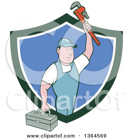 Clipart of a Retro Cartoon White Male Plumber Holding up a Monkey Wrench and Tool Box in a Green White and Blue Shield - Royalty Free Vector Illustration by patrimonio