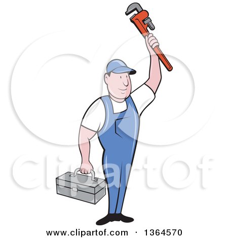 Clipart of a Retro Cartoon White Male Plumber Holding up a Monkey Wrench and Tool Box - Royalty Free Vector Illustration by patrimonio