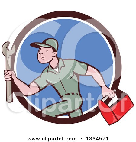 Clipart of a Retro Cartoon White Male Plumber Carrying a Monkey Wrench and Tool Box in a Brown White and Blue Circle - Royalty Free Vector Illustration by patrimonio