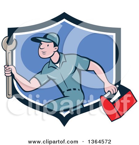 Clipart of a Retro Cartoon White Male Plumber Carrying a Monkey Wrench and Tool Box in a Blue and White Shield - Royalty Free Vector Illustration by patrimonio