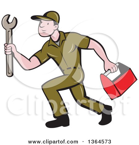 Clipart of a Retro Cartoon White Male Plumber in a Green Uniform, Carrying a Monkey Wrench and Tool Box - Royalty Free Vector Illustration by patrimonio