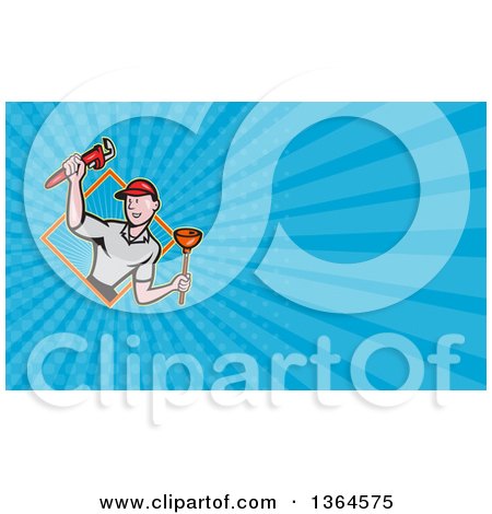 Clipart of a Cartoon White Male Plumber with Tools in a Diamond and Blue Rays Background or Business Card Design - Royalty Free Illustration by patrimonio