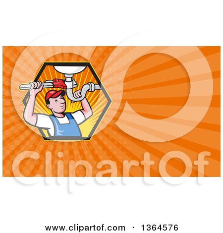 Clipart of a Cartoon White Male Plumber Repairing a Sink Pipe and Orange Rays Background or Business Card Design - Royalty Free Illustration by patrimonio