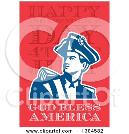 Clipart of a Retro American Revolutionary Patriot Soldier over Happy Independence Day, 4th of July, God Bless America Text on Red - Royalty Free Illustration by patrimonio