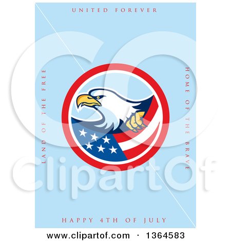 Clipart of a Bald Eagle Circle with United Forever, Land of the Free, Home of the Brave, Happy 4th of July Text on Blue - Royalty Free Illustration by patrimonio