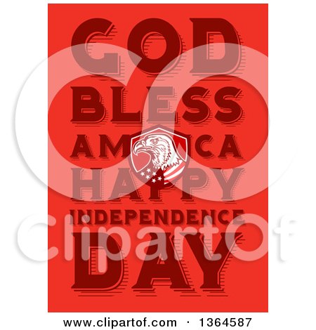 Clipart of a Bald Eagle Shield with God Bless America, Happy Independence Day Text on Red - Royalty Free Illustration by patrimonio