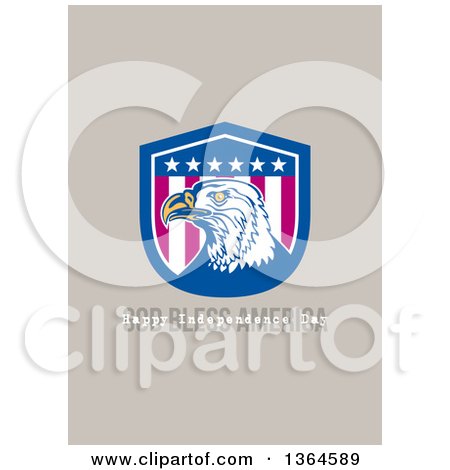 Clipart of a Bald Eagle Shield with God Bless America, Happy Independence Day Text on Taupe - Royalty Free Illustration by patrimonio