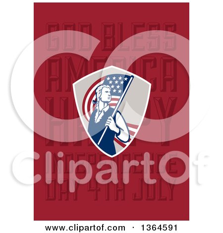 Clipart of a Retro American Revolutionary Patriot Soldier Holding a Flag over God Bless America, Happy Independence Day, 4th July Text on Red - Royalty Free Illustration by patrimonio
