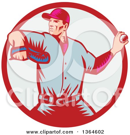 Clipart of a Retro Woodcut Baseball Player Pitching in a Red and Pastel Circle - Royalty Free Vector Illustration by patrimonio