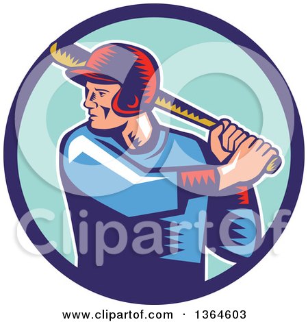 Clipart of a Retro Woodcut White Male Baseball Player Athlete Batting in a Blue Circle - Royalty Free Vector Illustration by patrimonio