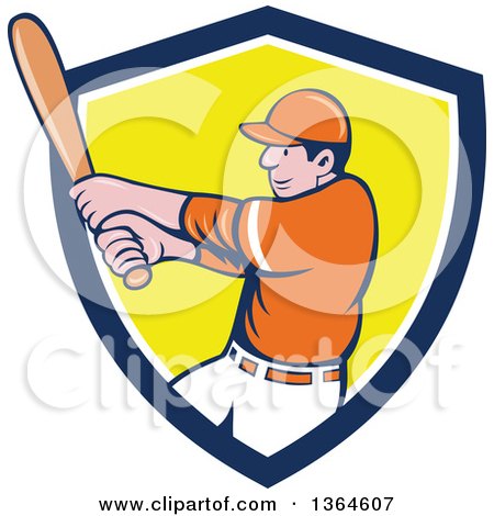 Clipart of a Cartoon White Male Baseball Player Athlete Batting in a Blue White and Yellow Shield - Royalty Free Vector Illustration by patrimonio