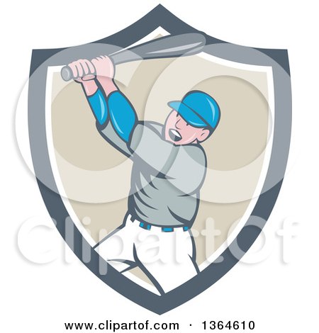 Clipart of a Retro Cartoon White Male Baseball Player Athlete Batting in a Gray White and Taupe Shield - Royalty Free Vector Illustration by patrimonio