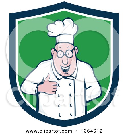 Clipart of a Cartoon Happy Chubby White Male Chef Giving a Thumb up in a Blue White and Green Shield - Royalty Free Vector Illustration by patrimonio