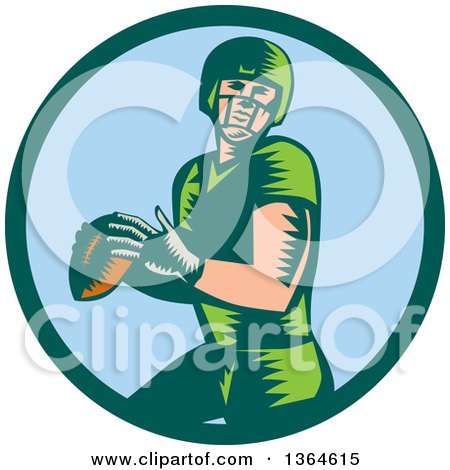 Clipart of a Retro Woodcut White Male Quarterback American Football Player Throwing in a Bgreen and Blue Circle - Royalty Free Vector Illustration by patrimonio